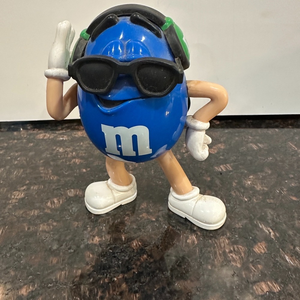 M&M Blue Character AM FM Radio Figurine Collectible Headphone Sunglasses Vintage